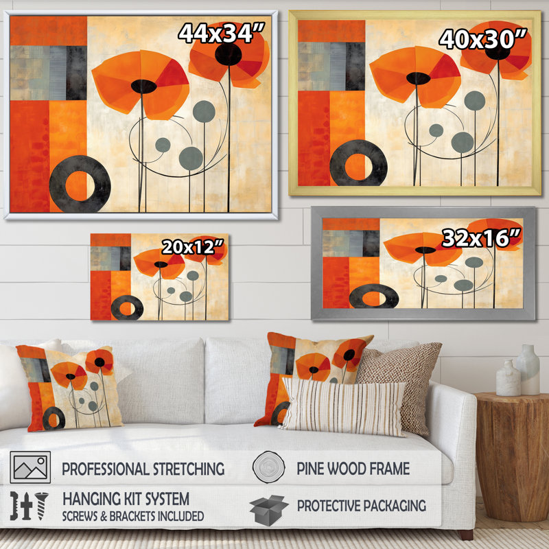 Fleurs cubiques orange vif - art mural abstrait géométrique pour le salon, Cadre flottant doré, H 24 po x l 32 po x P 1 po