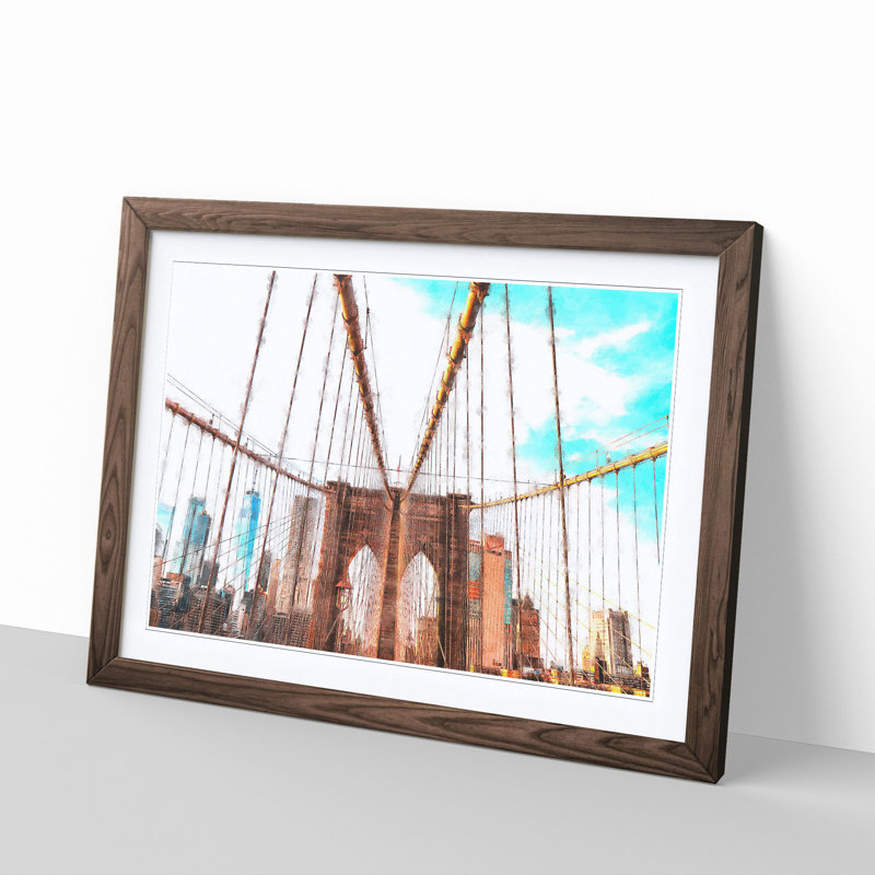 Brooklyn Bridge New York City Painting 1 Piece Single Picture Frame Wall Art on MDF, 45cm H x 33cm W x 2cm D, Walnut