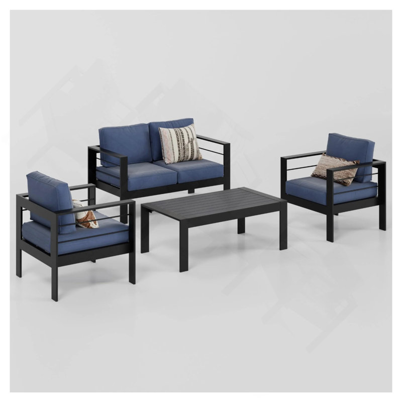Ensemble de conversation 4 pièces avec 4 coussins bleus épais, structure noire et table basse, Bleu, Noir