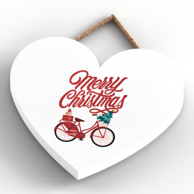 Xmas Merry Christmas Bicycle Wooden Heart Plaque