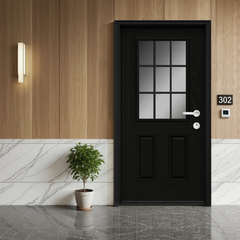 Porte d'entrée avant en fibre de verre 36 po x 36 po à 9 panneaux et 2 panneaux en verre givré, Noir, Gauche