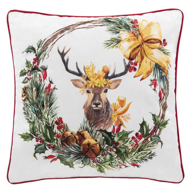 Cranberry Reindeer Wreath 18" White and Yellow Throw Pillow