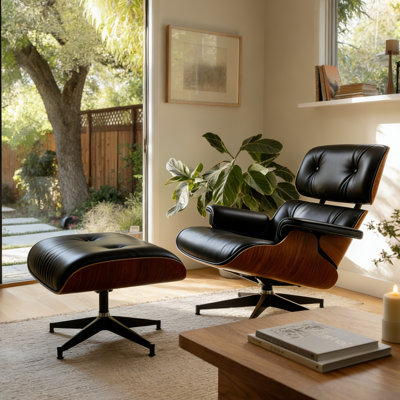 Genuine Leather Swivel Lounge Chair With Ottoman