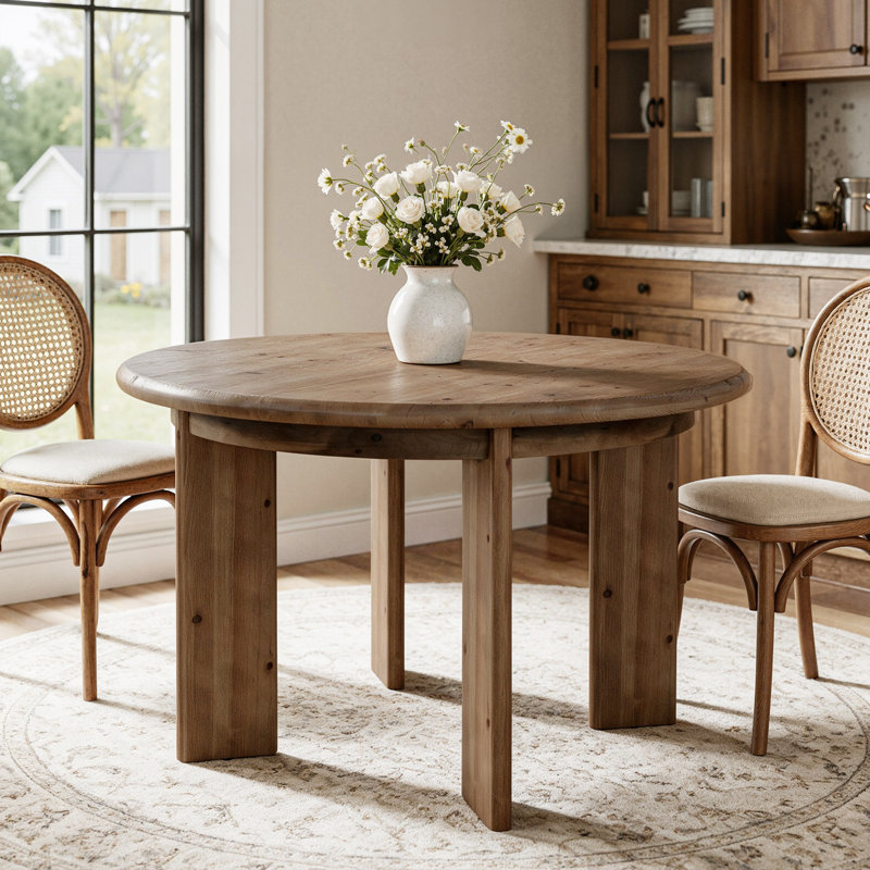 47.24" Round Solid Wood Kitchen Dining Table with Distinctive Thick 4 Pillar Legs