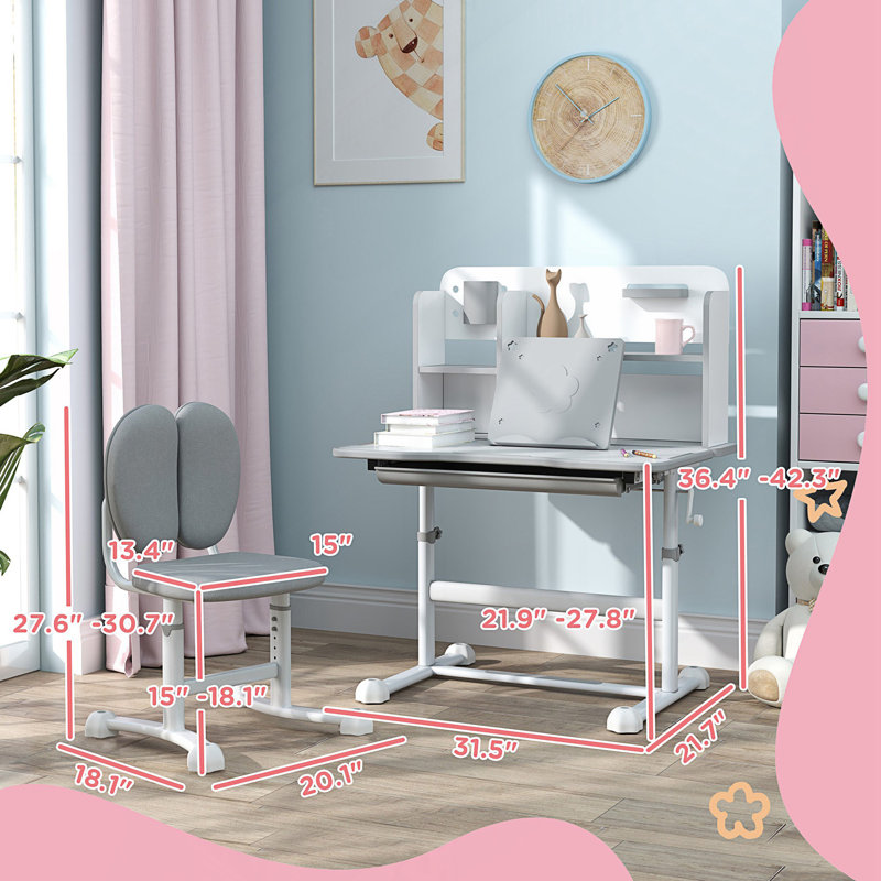 Ensemble de bureau et de chaise, ensemble de bureau et de chaise d'école à hauteur réglable avec bureau inclinable, tiroir de rangement, bureau d'écriture