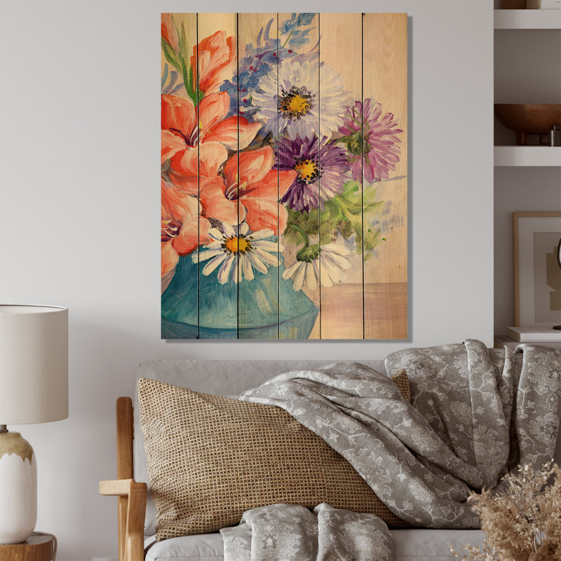 Bouquet rétro de fleurs sauvages III - décoration murale traditionnelle en bois - bois de pin naturel