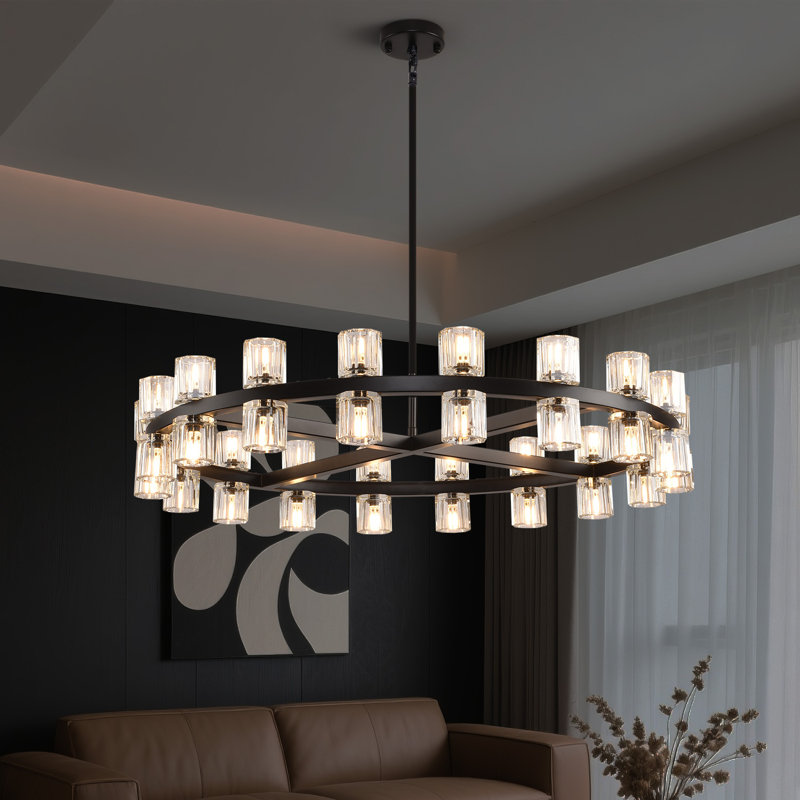 36"/48"/60" Dimmable Round Crystal Cup Large Chandelier, Matte Black, 96" H x 36" W x 36" D