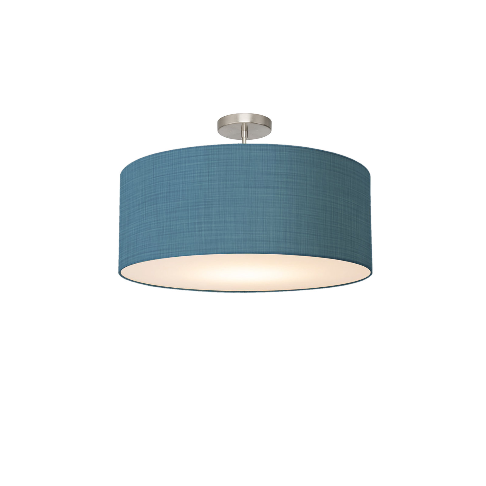Stretch Semi Flush Mount, 22" White Linen Drum Shade, Satin Nickel, Dimmable, Turquoise