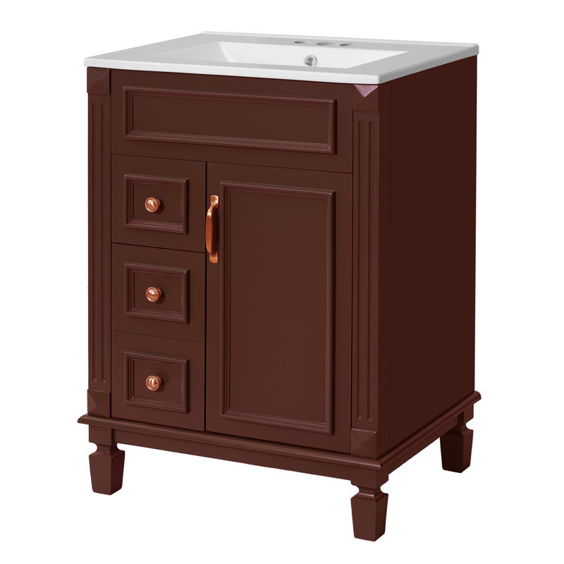 24" Vanity With Ceramic Sink For Bathroom, Wine Red