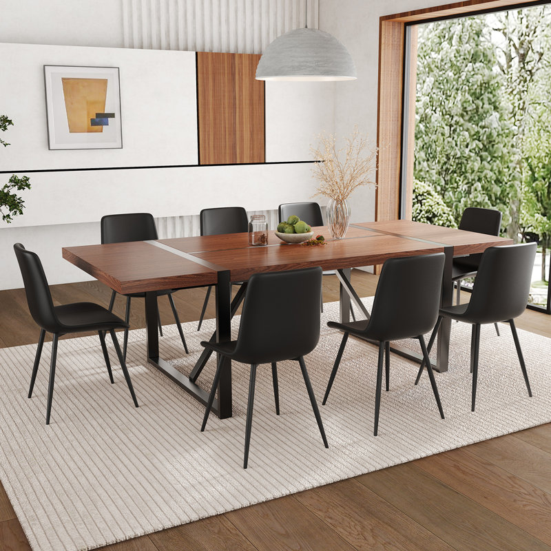 Ensemble de table de salle à manger en bois 87 po avec chaise rembourrée en cuir PU, Noir, 9 pièces : table, 8 chaises