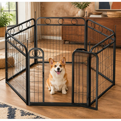 Foldable 24 Inch metal dog and puppy exercise pen with 6 panels and a door for indoor or outdoor use; intended for small and medium dogs and suitable for RV trips, camping, yards, and gardens.