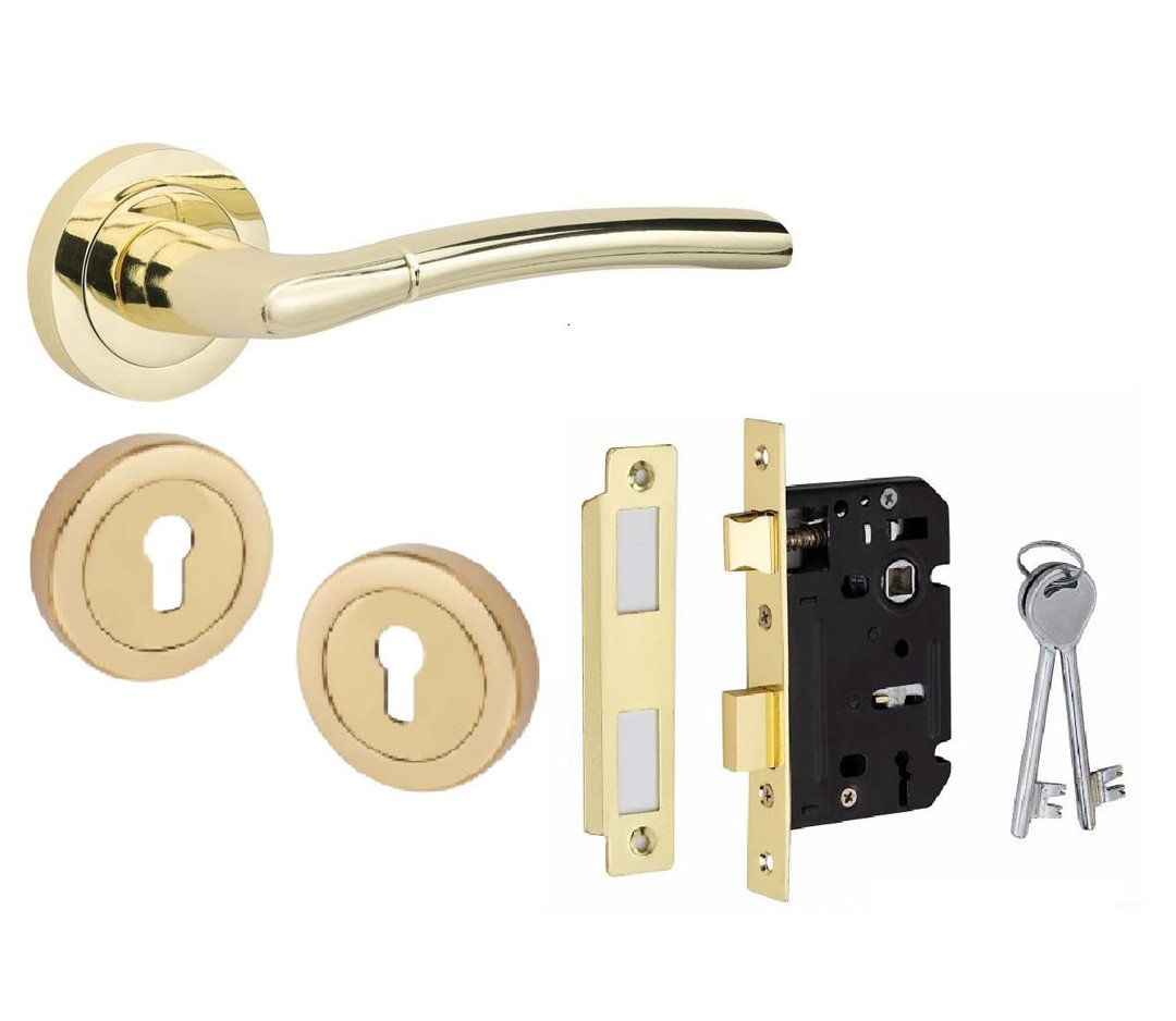 Golden Grace Indiana Design Classic Door Handles Set in Polished Brass Finish with Thumbturn and Mortise Lock