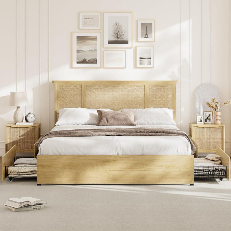 Queen Bed Frame with Natural Rattan Headboard, Boho Style with 4 Storage Drawers, Metal Support, No Box Spring Needed