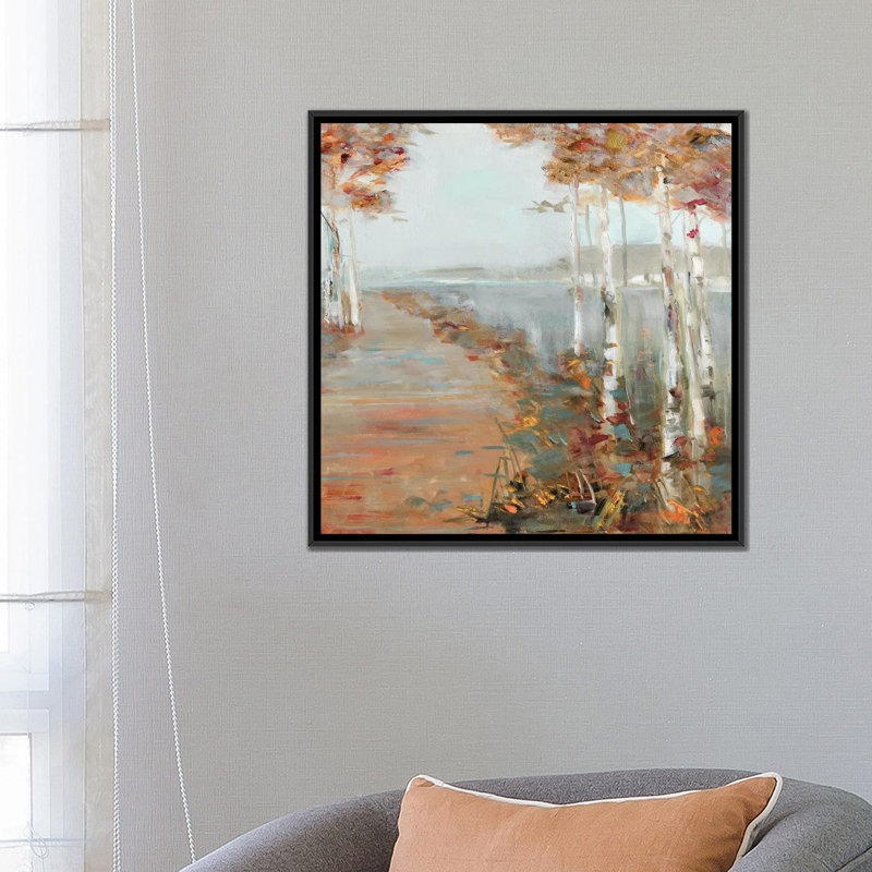 «Birch Walk II» par Sally Swatland - reproduction d'art, H 26 po x l 26 po x P 1,5 po, Toile avec cadre noir, Pas de tapis