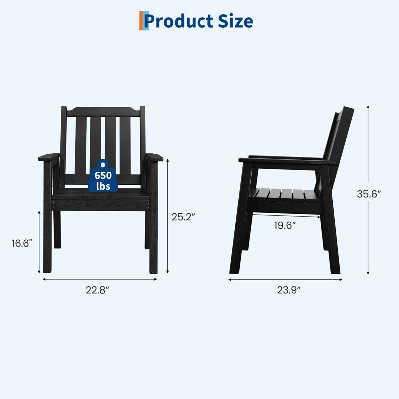 Set of 2 All-Weather HDPE Outdoor Dining Chairs, Ergonomic Wide Seat, Waterproof & Easy Maintain, Durable Patio Chairs for Backyard and Deck black