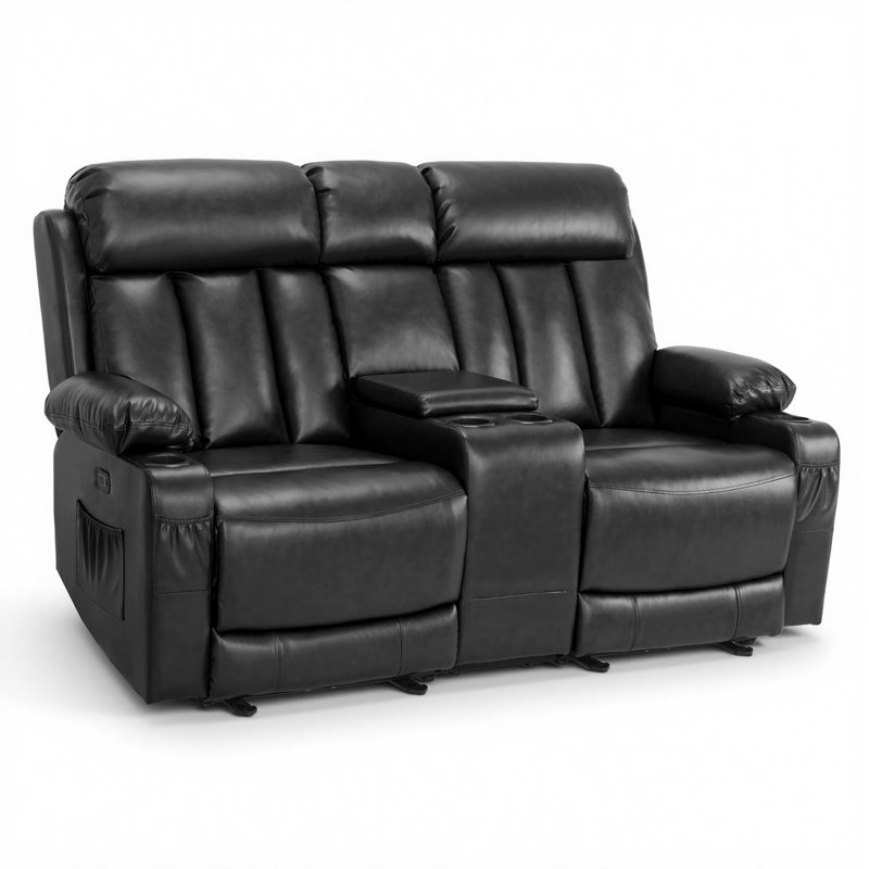 Causeuse électrique inclinable avec chaleur et massage, ports USB, porte-gobelets, similicuir, Noir