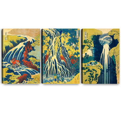 "Japon" Waterfall 3 panneaux par Katsushika Hokusai pour décorations de bureau à domicile, estampe numérique sur toile 24 x 16 pouces x 4 pièces (24 x 54 pouces)