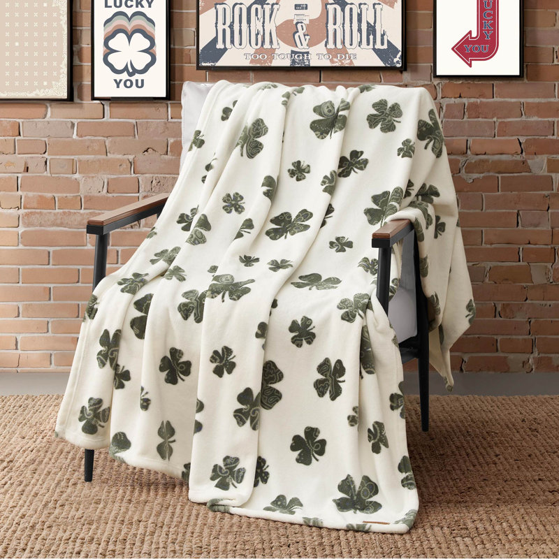 Lucky Brand Lucky Clovers Plush Throw Blankets, Ivory, Clover