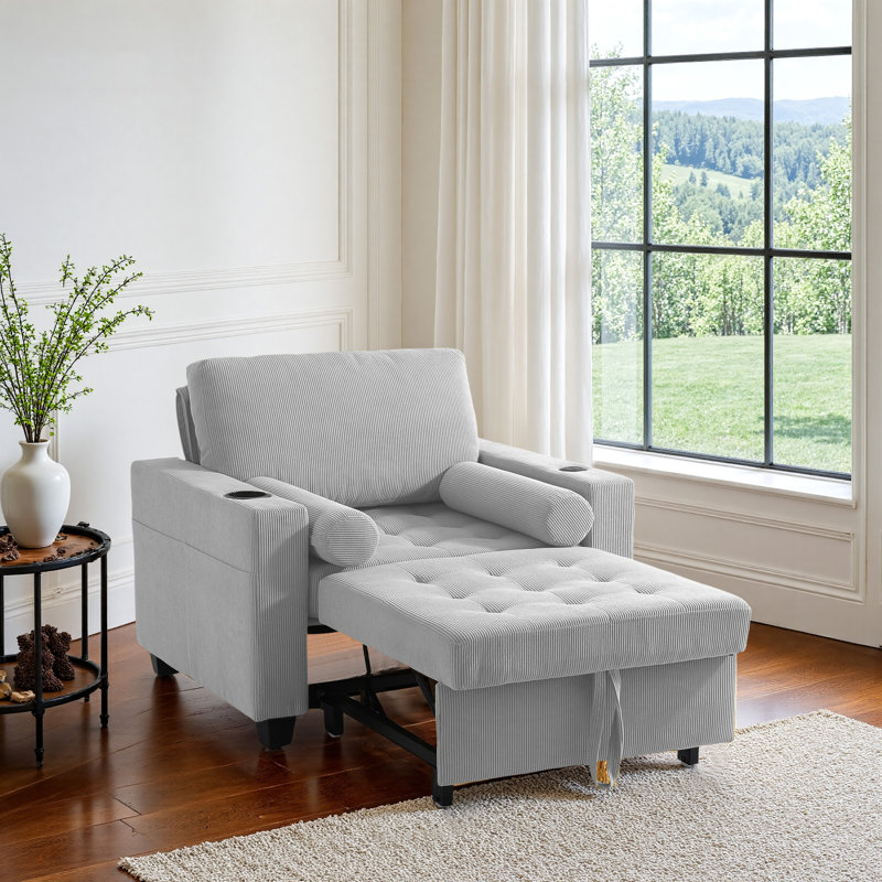 Canapé-lit convertible gris clair en velours côtelé capitonné 3-en-1 avec 2 coussins moelleux, prise USB et porte-gobelet