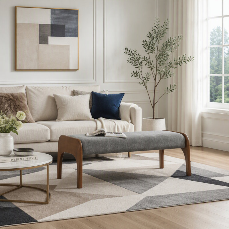 Banc rembourré avec tissu en chenille doux et pieds en bois d'hévéa robustes pour une utilisation polyvalente à la maison