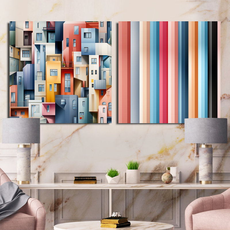Cityscape Lines Striped Pattern II - ensemble de 2 collages carrés abstraits, Toile tendue, H 36 po x l 73 po