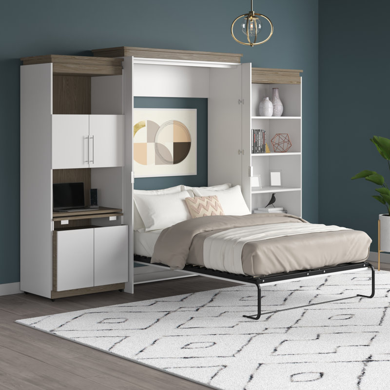 Grand lit escamotable avec tablette et bureau escamotable Camalla (125 W), Blanc / gris noyer