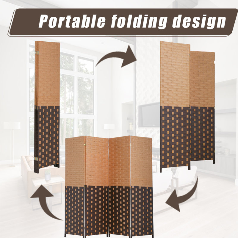 Modern 4-Panel Brown and Black Woven Wood Folding Room Divider