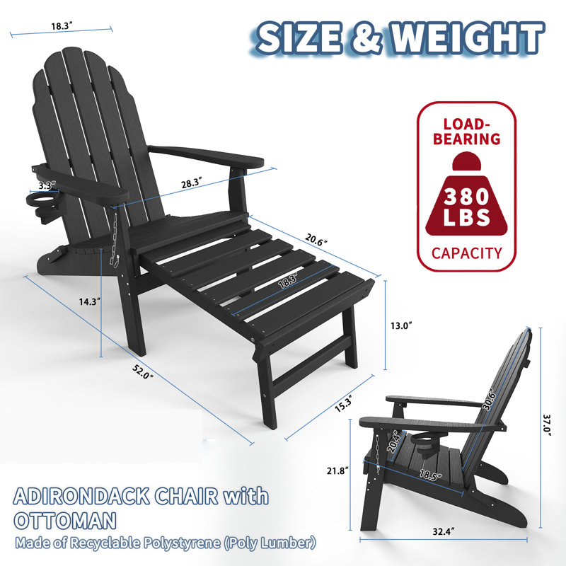 Chaise Adirondack de conception ergonomique pliable avec repose-pieds Adewumi, Noir