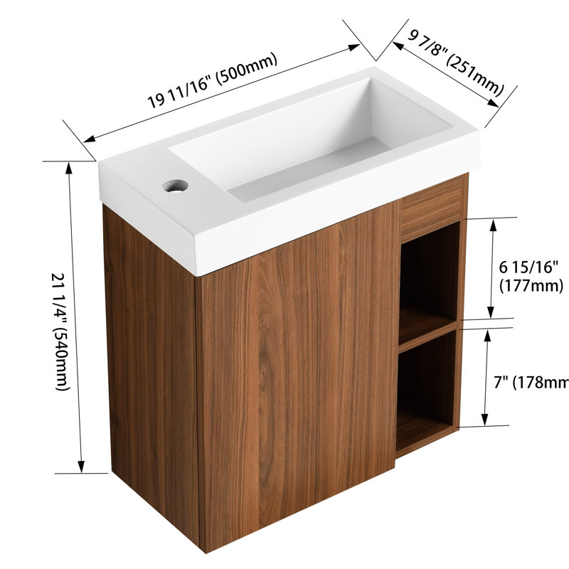 Meuble-lavabo flottant de 20 po, lavabo en résine, porte à fermeture en douceur, aspect contemporain, meuble-lavabo mural moderne au fini noyer, 20 po, compact, sanitaire, couleur