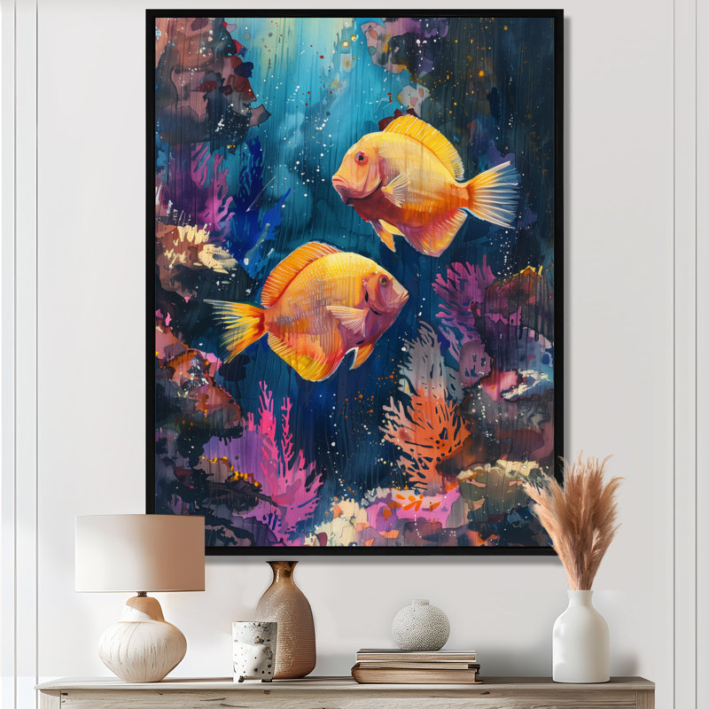 «Blue Orange Coral Marine Life I», impression d'art mural, Cadre flottant noir, H 34 po x l 44 po