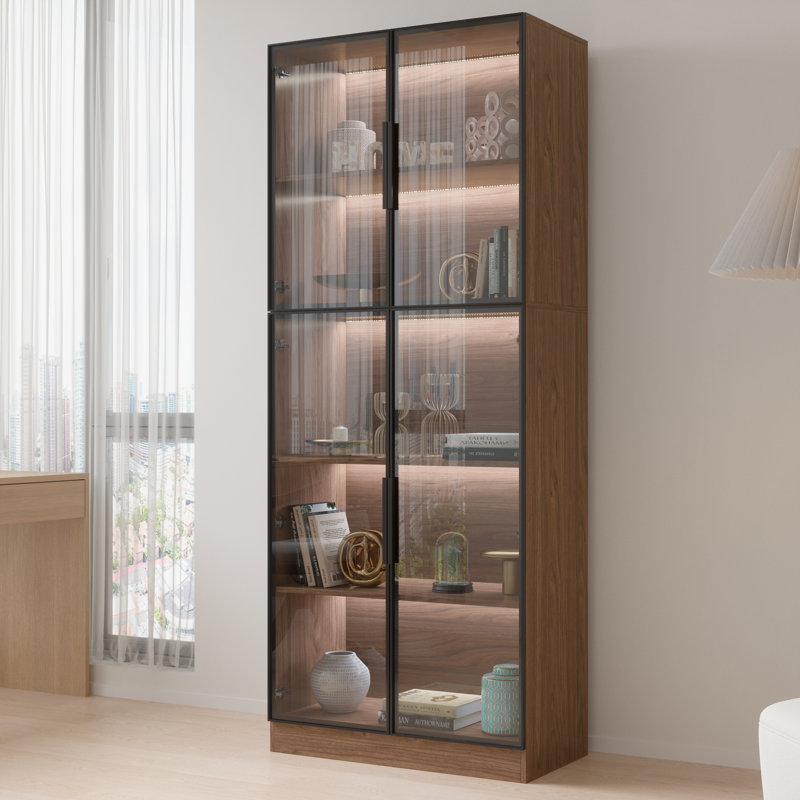 Display cabinet With  Glass Doors and LED lights, Walnut