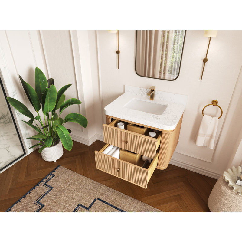 Hampton Floating Oak 30 In. W X 22 In. D Single Sink Bathroom Vanity In Dark Natural With 2 In., 2 IN Berkshire Brass