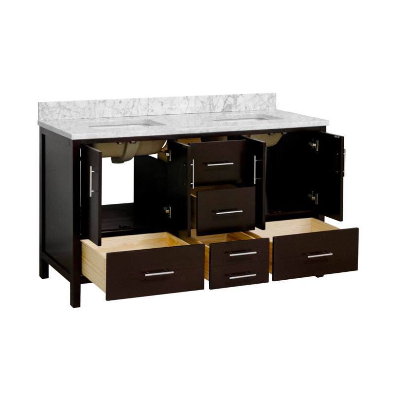 Ensemble de meuble-lavabo double 60 po Kiara, Chocolat, Marbre de Carrare