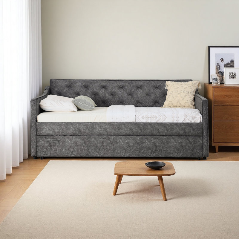Twin Size Upholstery Daybed With Twin Size Pop-Up Trundle And USB Charging Design