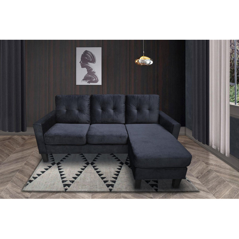 Ollice 3 Seater Velvet Sofa & Chaise, Black