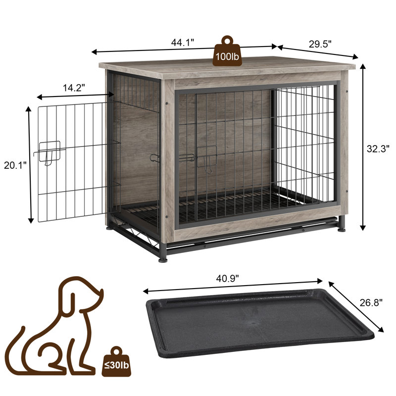 Meuble de caisse pour chien Emberli, table d'appoint latérale, chenil en bois moderne pour chiens d'intérieur, Gris