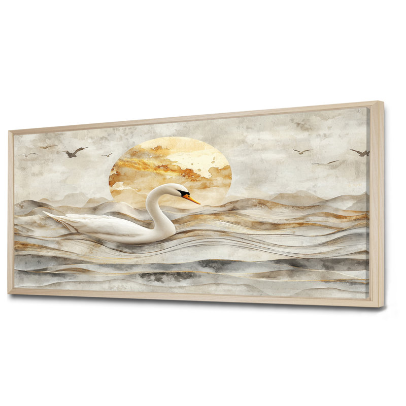 Dortly Sunset Swan Reflections of Elegance I - cygnes, art mural, H 28 po x l 60 po, Impression encadrée flottante