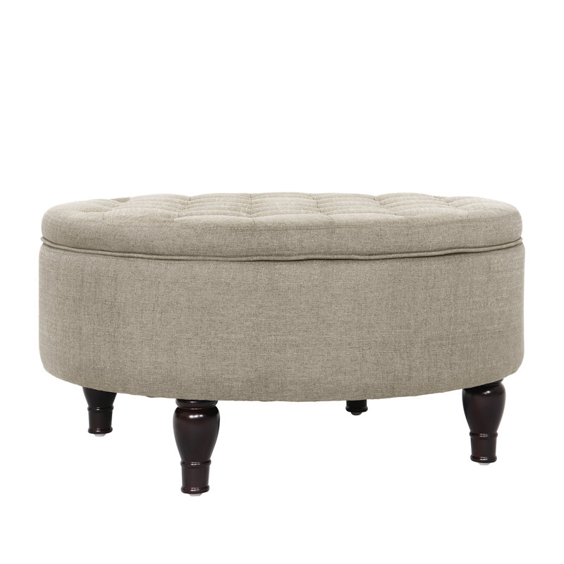 32'' Wide Tufted Round Storage Ottoman, Beige 100% Linen