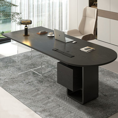 Bureau en bois massif noir + demi-cercle transparent + acier + acrylique avec 2 tiroirs