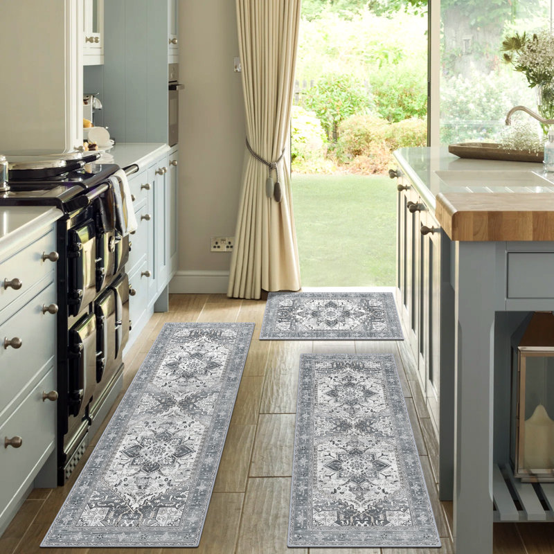 Vintage Nylon Fleece Non-Slip Kitchen Mat (Set of 3), White/Gray