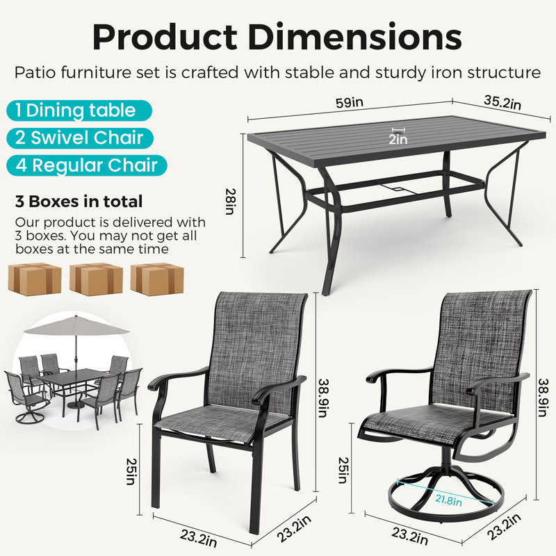 Urbai 6 - Person Patio Dining Set Umbrella Hole Included Rectangular Table, Gray