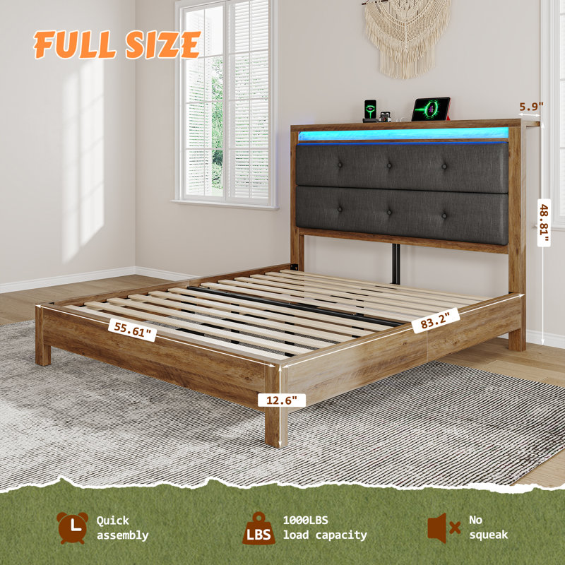 Modern Platform Bed Frame With Led Headboard & Charging Station - Quiet Eva Support, Robot Vacuum-friendly Base, Full