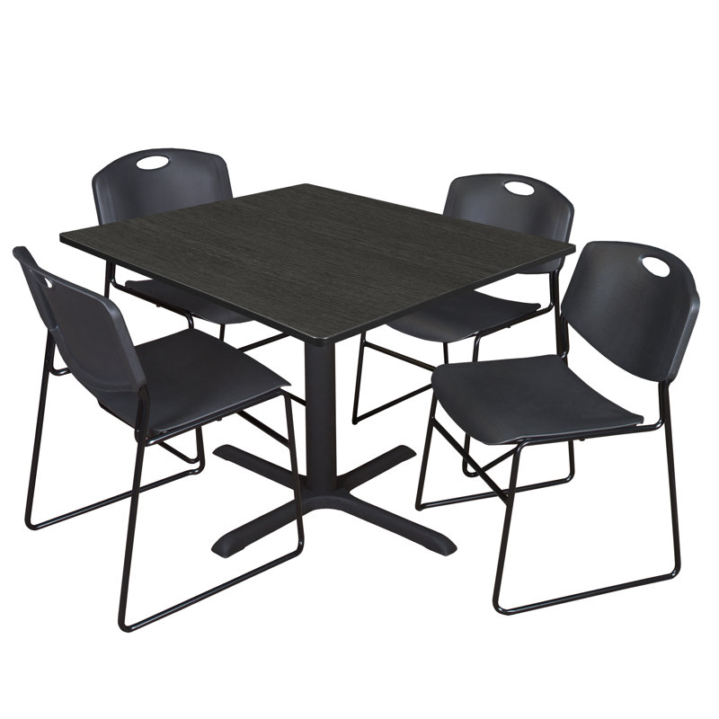 Regency Cain Square X-Base Breakroom Table & 4 Zeng Stack Chairs, Ash Gray/Black, 29" H x 30" L x 30" W