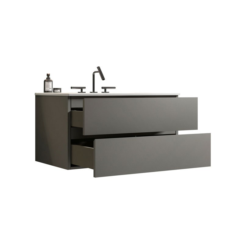 Meuble-lavabo mural en noyer de 36 po avec lavabo en céramique avec trois trous de robinet TIA, grand meuble-lavabo flottant pour salle de bain moderne