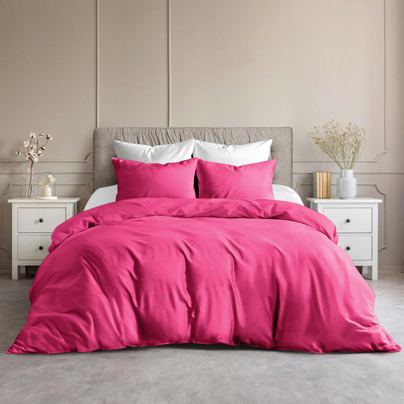 Plain Microfibre Reversible Contemporary Quilt Duvet Cover with Pillowcases, King Duvet Cover - 2 Standard Pillowcases, Pink