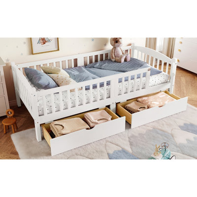 Twin Xl Platform Bed For Growing With Guardrails, Storage Drawers, And A Charming White Headboard. Practical Secure 'S Slumber An Adorable Ideal ' Space