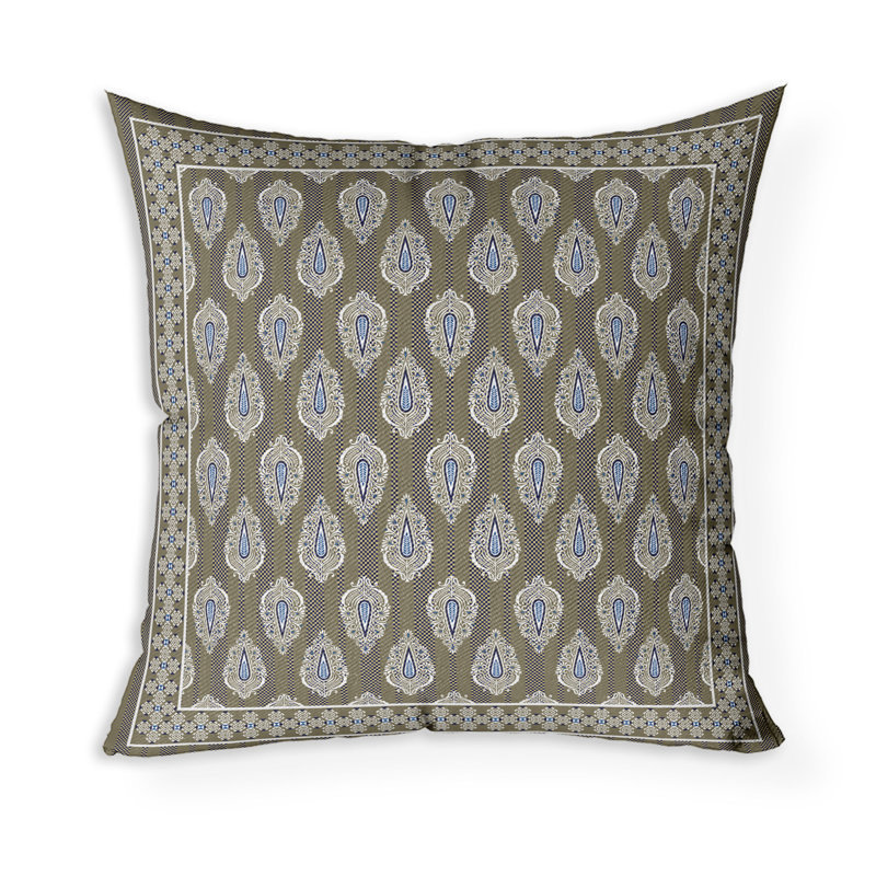 Coussin décoratif rayé à motif cachemire intérieur / extérieur Dreamscape, H 16 po x l 16 po, Brun / Blanc