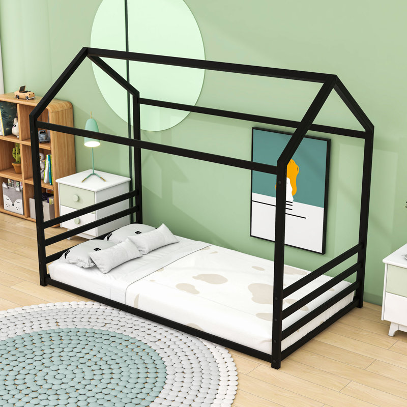 Lit sur pied avec garde-corps en forme de maison, Simple, Noir