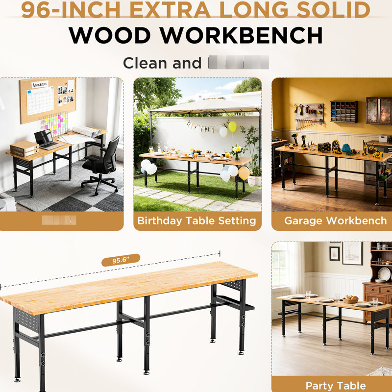 Fabriqué en bois massif de 244 cm (96 po) avec une capacité de 907 kg (2 000 lb), hauteur réglable, côtés, prise de courant et rangement - Pour le montage et la réparation - Plateau de 244 cm (96 po), prise, boîte, roulettes ou pieds de nivellement - Idéal pour le travail du bois.