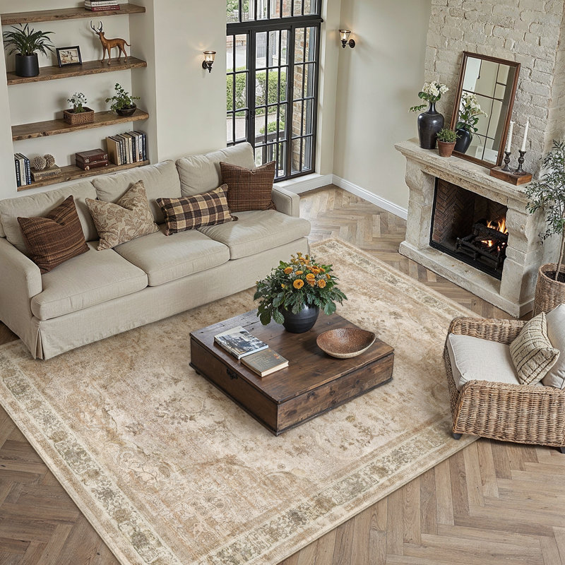 Aurea Vintage Distressed Medallion Washable Area Rug With Non-Slip Backing, Beige, Rectangle 8' x 10'
